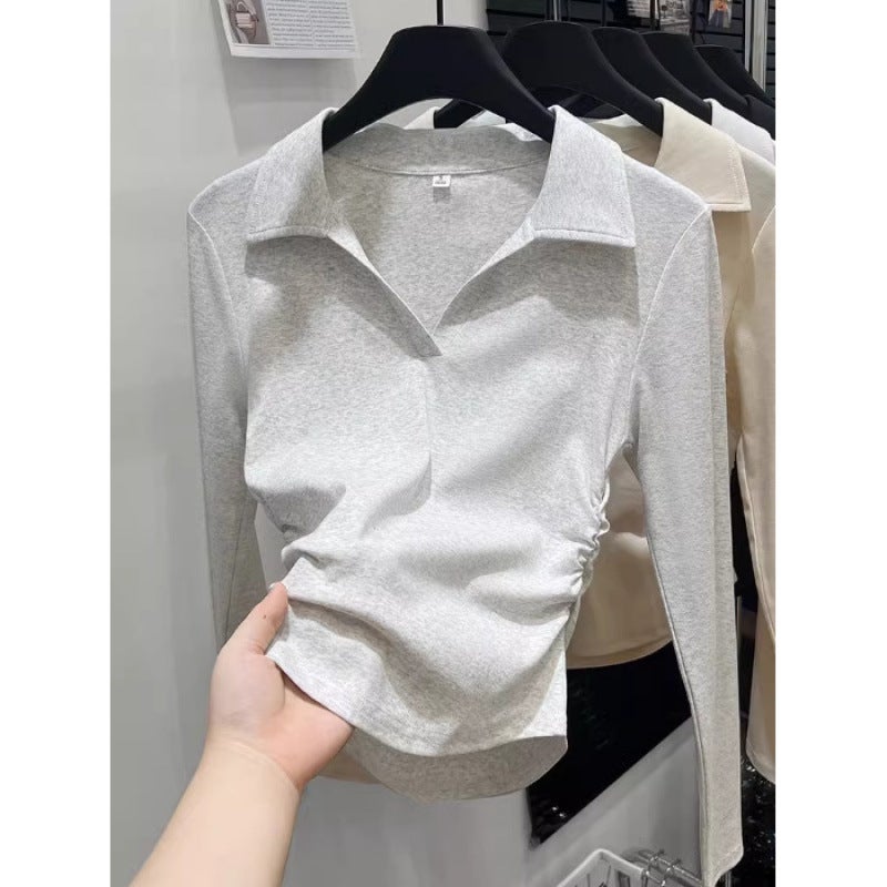 Shoulder Polo Collar Long Sleeve Early Autumn Pleated Waist Slimming Fashionable All-Match Simple Design Feeling Base Top For Outer Wear - Image 1