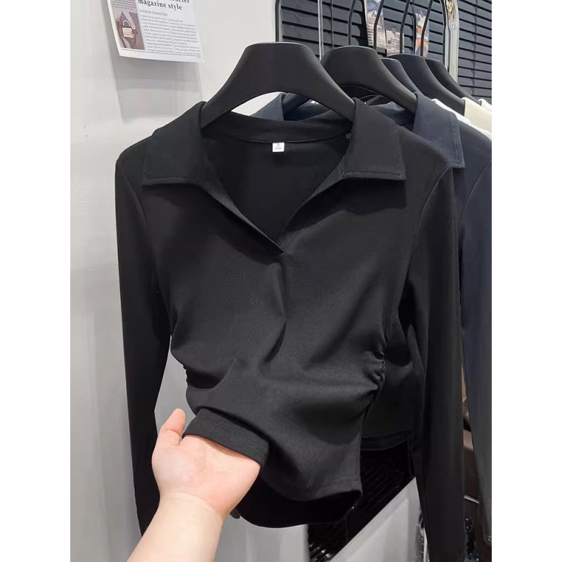 Shoulder Polo Collar Long Sleeve Early Autumn Pleated Waist Slimming Fashionable All-Match Simple Design Feeling Base Top For Outer Wear - Image 4