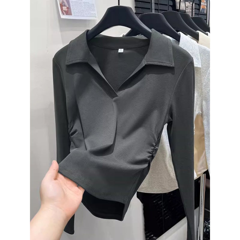 Shoulder Polo Collar Long Sleeve Early Autumn Pleated Waist Slimming Fashionable All-Match Simple Design Feeling Base Top For Outer Wear - Image 3