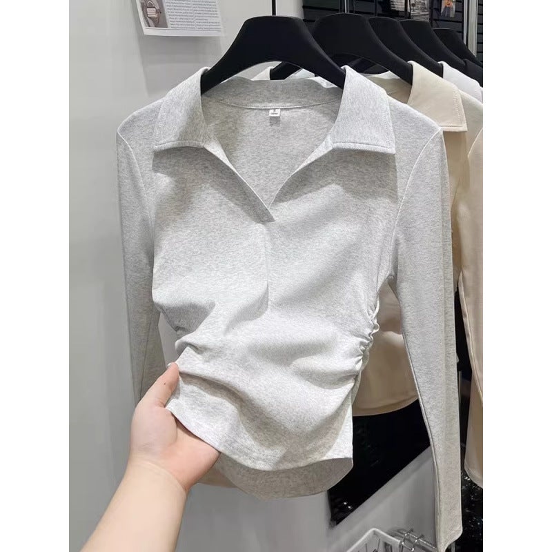 Shoulder Polo Collar Long Sleeve Early Autumn Pleated Waist Slimming Fashionable All-Match Simple Design Feeling Base Top For Outer Wear - Image 2