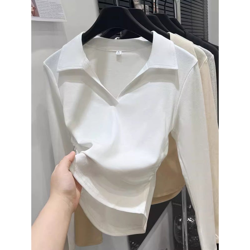 Shoulder Polo Collar Long Sleeve Early Autumn Pleated Waist Slimming Fashionable All-Match Simple Design Feeling Base Top For Outer Wear - Image 5