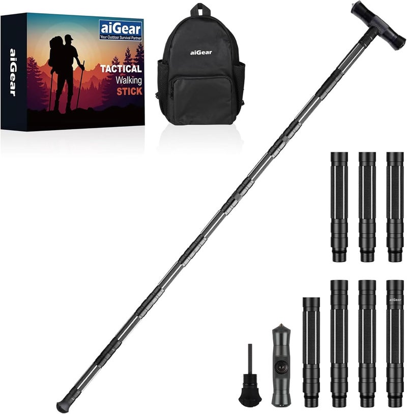 aiGear G2 Tactical Stick Hiking Walking Staff - Trekking Poles Outdoor Adjustable Hiking Stick for Camping Hiking 5-8 Tubes（with Multitool） - Image 1