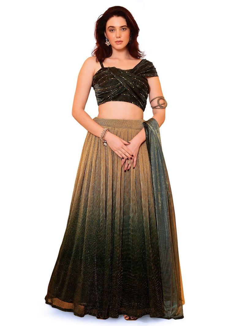 PURVAJA Women's Shaded Lycra Semi-Stitched Lehenga choli (Liya-Green_Blue_Free Size) | Material: Polyester Blend - Image 1