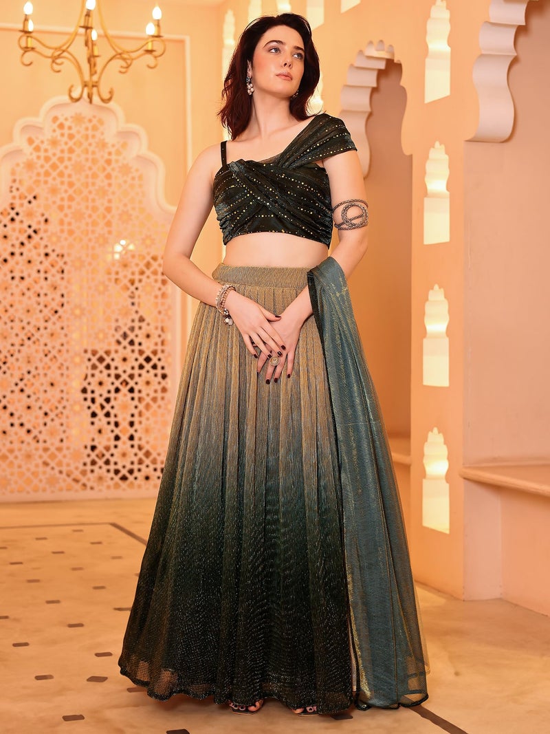 PURVAJA Women's Shaded Lycra Semi-Stitched Lehenga choli (Liya-Green_Blue_Free Size) | Material: Polyester Blend - Image 5