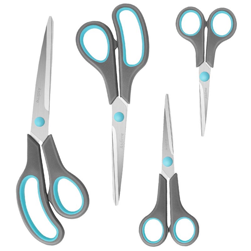 Asdirne Scissors Set of 4, Premium Stainless Steel Razor Blades, Ergonomic Semi-Soft Rubber Grip, Suitable for School, Office and Family Daily Use, 9.6''/8.5''/6.4"/5.4", Blue&Gray - Image 1