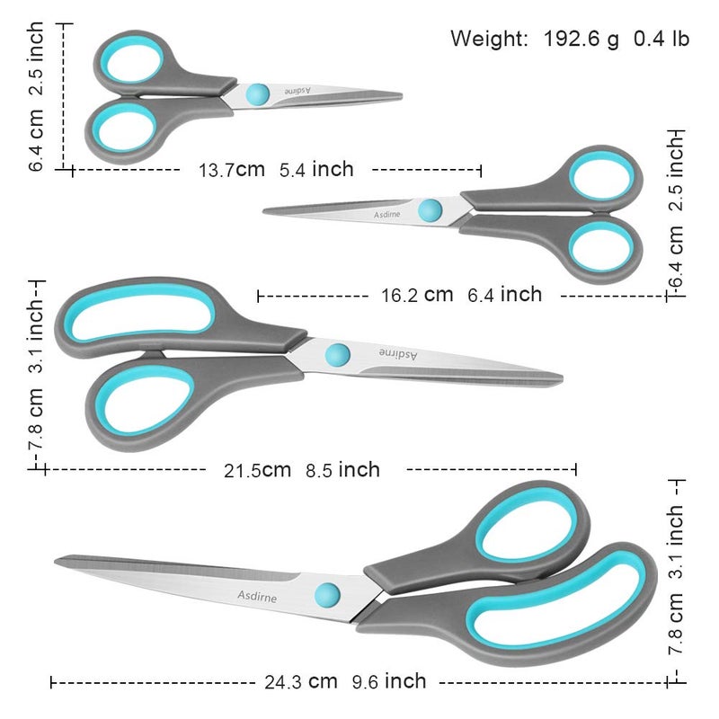 Asdirne Scissors Set of 4, Premium Stainless Steel Razor Blades, Ergonomic Semi-Soft Rubber Grip, Suitable for School, Office and Family Daily Use, 9.6''/8.5''/6.4"/5.4", Blue&Gray - Image 3