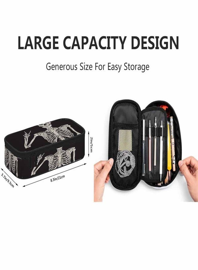 Yekiua Human Skeleton Posing Pen Bag Rock Roll Skull Boho Hippie Large Pencil Case Big Capacity Pencil Pouch Pencil Holder Black - Image 2