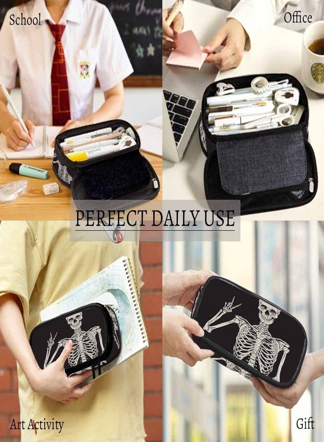 Yekiua Human Skeleton Posing Pen Bag Rock Roll Skull Boho Hippie Large Pencil Case Big Capacity Pencil Pouch Pencil Holder Black - Image 4