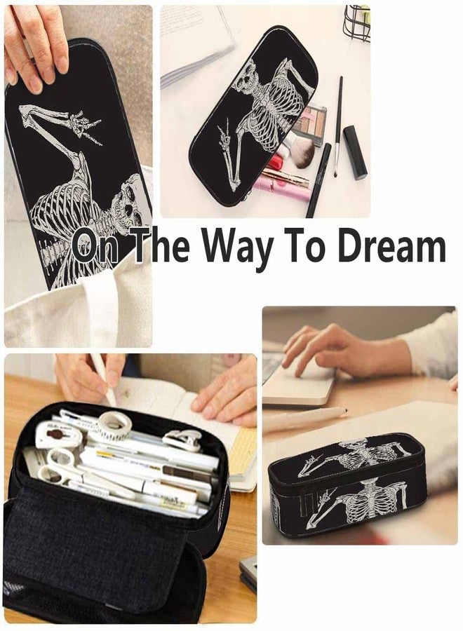 Yekiua Human Skeleton Posing Pen Bag Rock Roll Skull Boho Hippie Large Pencil Case Big Capacity Pencil Pouch Pencil Holder Black - Image 5