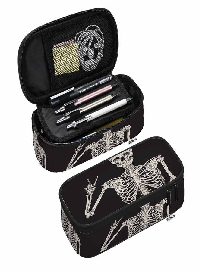 Yekiua Human Skeleton Posing Pen Bag Rock Roll Skull Boho Hippie Large Pencil Case Big Capacity Pencil Pouch Pencil Holder Black - Image 1