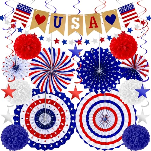 Heartome 26 PCS 4th of July Decorations 250th Memorial Day Red White Blue Paper Fans Decorations 4th of July Banner Pompom Garland and Hanging Swirls Set for Fourth of July Independence Day Decor - Image 1