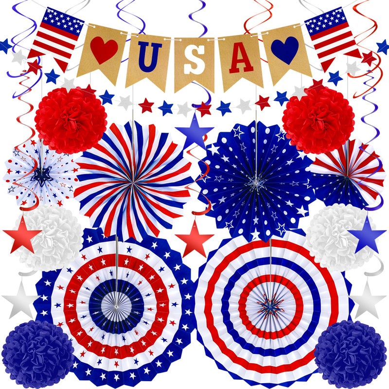 Heartome 26 PCS 4th of July Decorations 250th Memorial Day Red White Blue Paper Fans Decorations 4th of July Banner Pompom Garland and Hanging Swirls Set for Fourth of July Independence Day Decor - Image 2