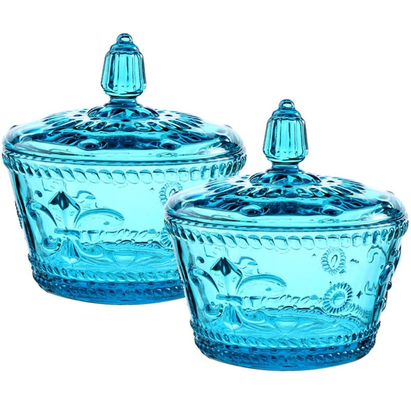 MASSJOY Set of 2 European Retro Nostalgic 3D Relief Blue Glass Jar Candy Jar Seasoning Jar with Lid