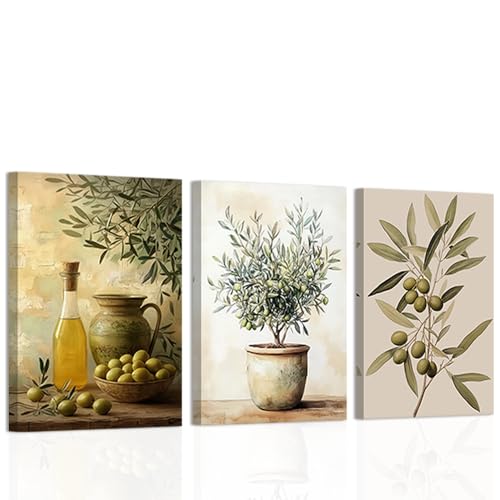 CXHOSTENT Vintage Kitchen Wall Art 3 PCS Olive Pictures Green Botanical Canvas Prints Rustic Olive Branch Wall Decor Plant Poster Dining Room Decor Framed 11x14inchx3Pcs - Image 1