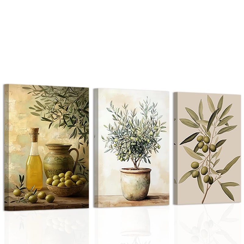 CXHOSTENT Vintage Kitchen Wall Art 3 PCS Olive Pictures Green Botanical Canvas Prints Rustic Olive Branch Wall Decor Plant Poster Dining Room Decor Framed 11x14inchx3Pcs - Image 2