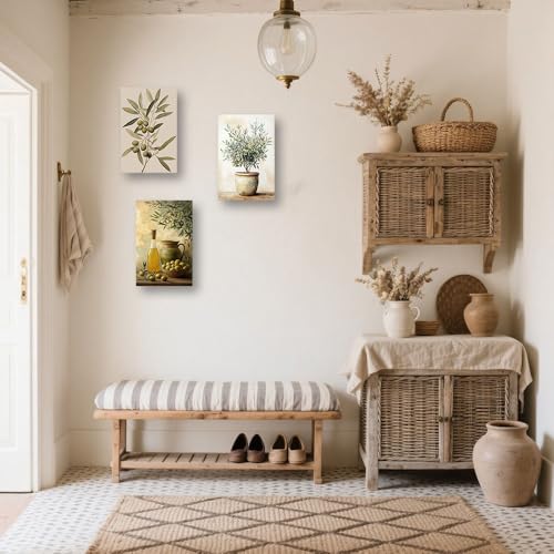 CXHOSTENT Vintage Kitchen Wall Art 3 PCS Olive Pictures Green Botanical Canvas Prints Rustic Olive Branch Wall Decor Plant Poster Dining Room Decor Framed 11x14inchx3Pcs - Image 3