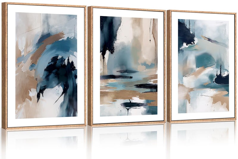 KAIRNE Blue Abstract Neutral Framed Canvas Wall Art Set, Navy Abstract Wall Decor, Watercolor Blue and Brown Wall Painting, Modern Textured Art Prints for Living Room, Bedroom, Office - 24"x36"x3 - Image 1