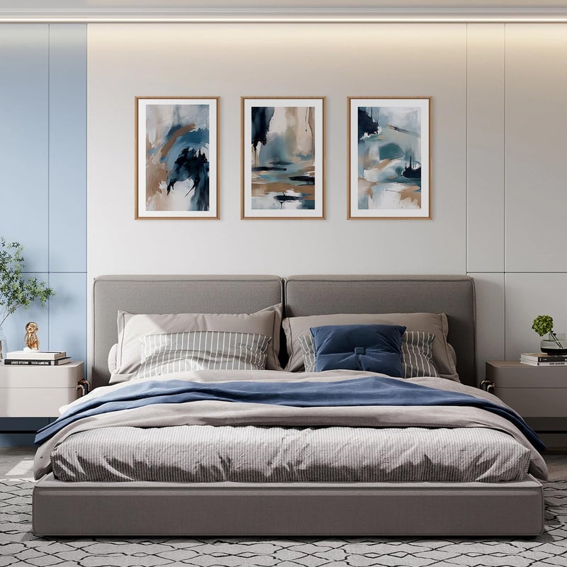 KAIRNE Blue Abstract Neutral Framed Canvas Wall Art Set, Navy Abstract Wall Decor, Watercolor Blue and Brown Wall Painting, Modern Textured Art Prints for Living Room, Bedroom, Office - 24"x36"x3 - Image 3