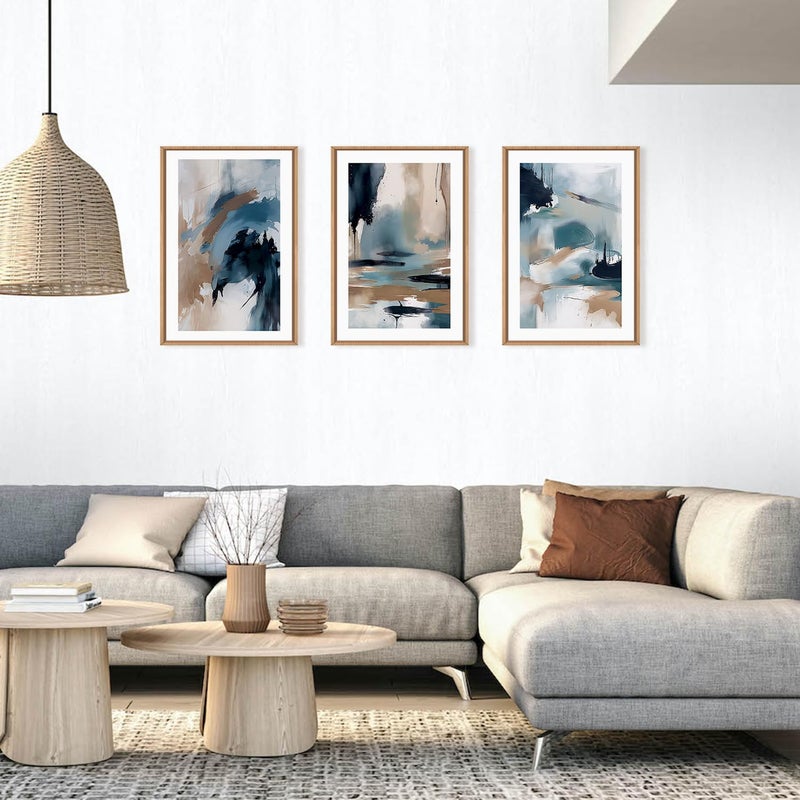 KAIRNE Blue Abstract Neutral Framed Canvas Wall Art Set, Navy Abstract Wall Decor, Watercolor Blue and Brown Wall Painting, Modern Textured Art Prints for Living Room, Bedroom, Office - 24"x36"x3 - Image 2