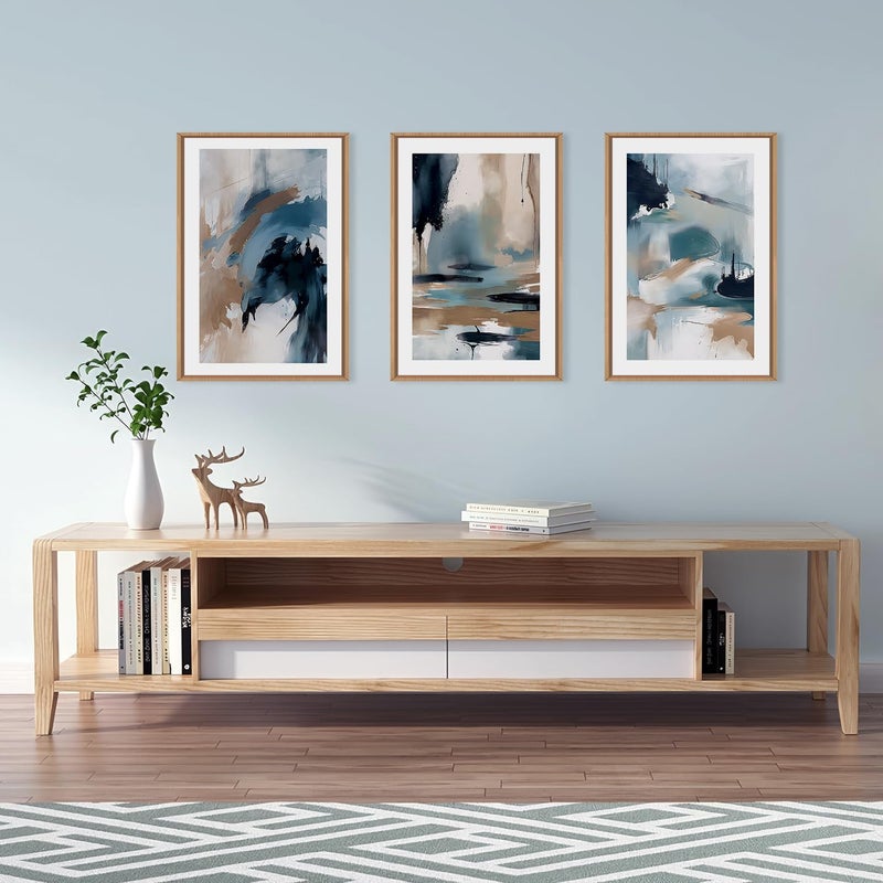 KAIRNE Blue Abstract Neutral Framed Canvas Wall Art Set, Navy Abstract Wall Decor, Watercolor Blue and Brown Wall Painting, Modern Textured Art Prints for Living Room, Bedroom, Office - 24"x36"x3 - Image 5