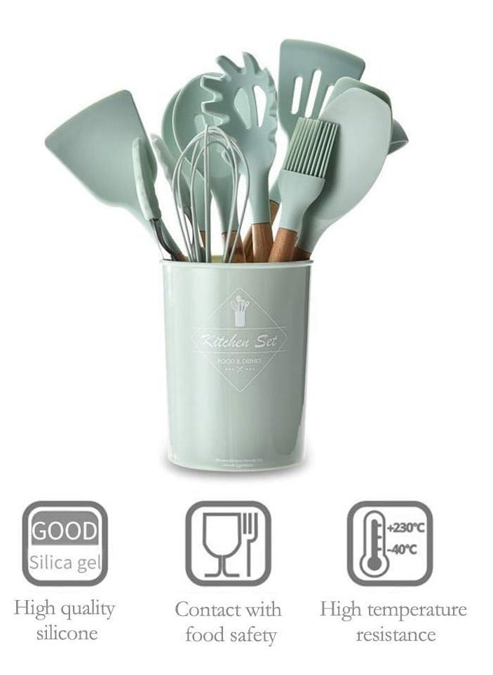 ELTRAZONE Silicone Cooking Kitchen 11PCS Wooden Utensils Tool for Nonstick Cookware,Cooking Utensils Set with Bamboo Wood Handles for Nonstick Cookware，Non Toxic Turner Tongs Spatula Spoon Set - Image 3