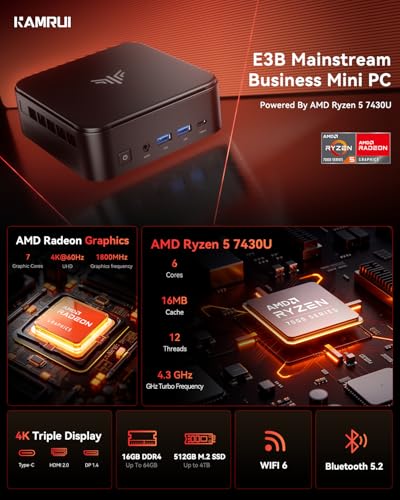 KAMRUI كمبيوتر ألعاب ميني KAMRUI E3B، 16 جيجابايت RAM 512 جيجابايت SSD، كمبيوترات مكتبية صغيرة AMD Ryzen 5 7430U (بحد أقصى 4.3 جيجاهرتز، 6C/12T، يتفوق على 5650U)، كمبيوتر صغير يدعم WiFi 6، BT5.2، عرض ثلاثي للمكتب والمنزل - Image 2