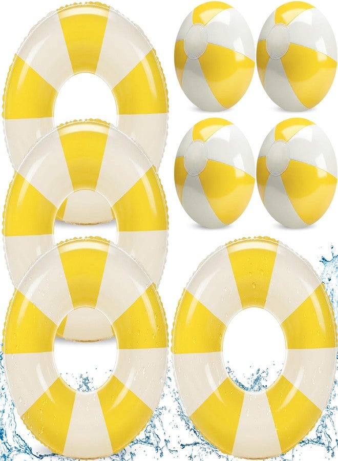 Lewtemi 8 Pcs Yellow White Striped Pool Floats Inflatable Swimming Float Pastel Color Swimming Ring Beach Balls Inflatable Tubes Pool Ball Floaties Hawaiian Beach Summer Tropical Party for Adult - Image 1