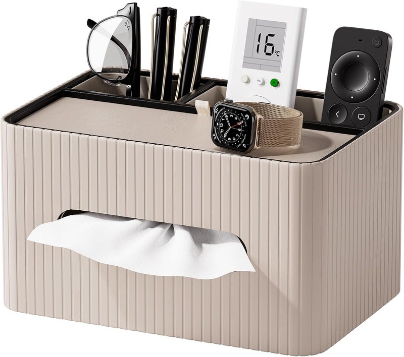 KINGFOM Leather Tissue Box Cover with Storage Tray, Decorative Tissue Box Holder Organizer for Office Desk, Bedroom & Nightstand, Remote Control Holder for Perfume, Watch, Glasses, Pens (Mocha Beige) - Image 1