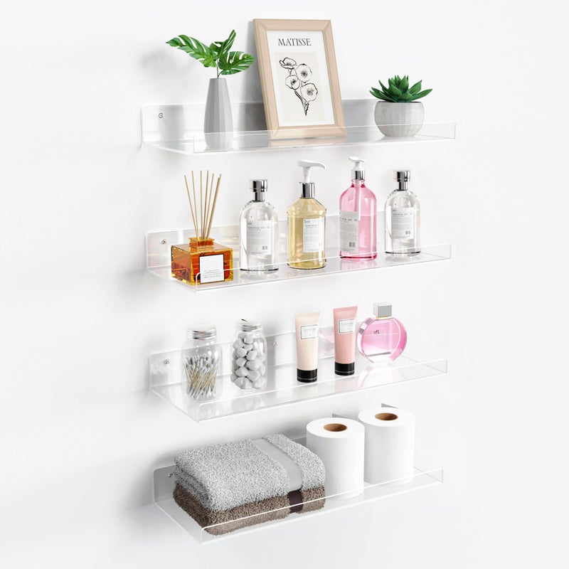 upsimples 4 Pack 15x6 Inches Acrylic Bathroom Shelves for Wall, Floating Bathroom Shelves Over Toilet, Storage Shelf for Toilet Paper, Towels and Toiletries, Clear - Image 1