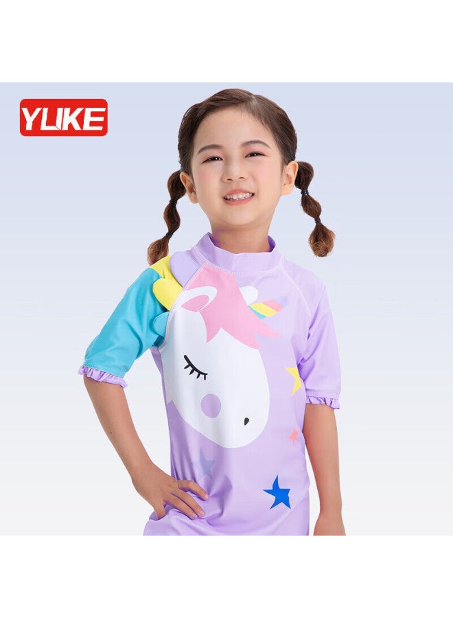 Yuke Children's One-piece Swimsuit For Girls, Mid-length Sleeves, Sun Protection Swimwear, Baby Princess Style For Small To Large Girls - Image 3