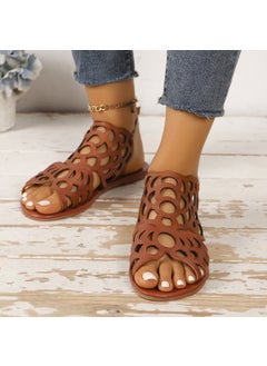 Womens Summer New Style One-Row Buckle Strap Sandals Plus Size Flat Bottom Hollow Out Fish Mouth Sandals Rubber Material Brown