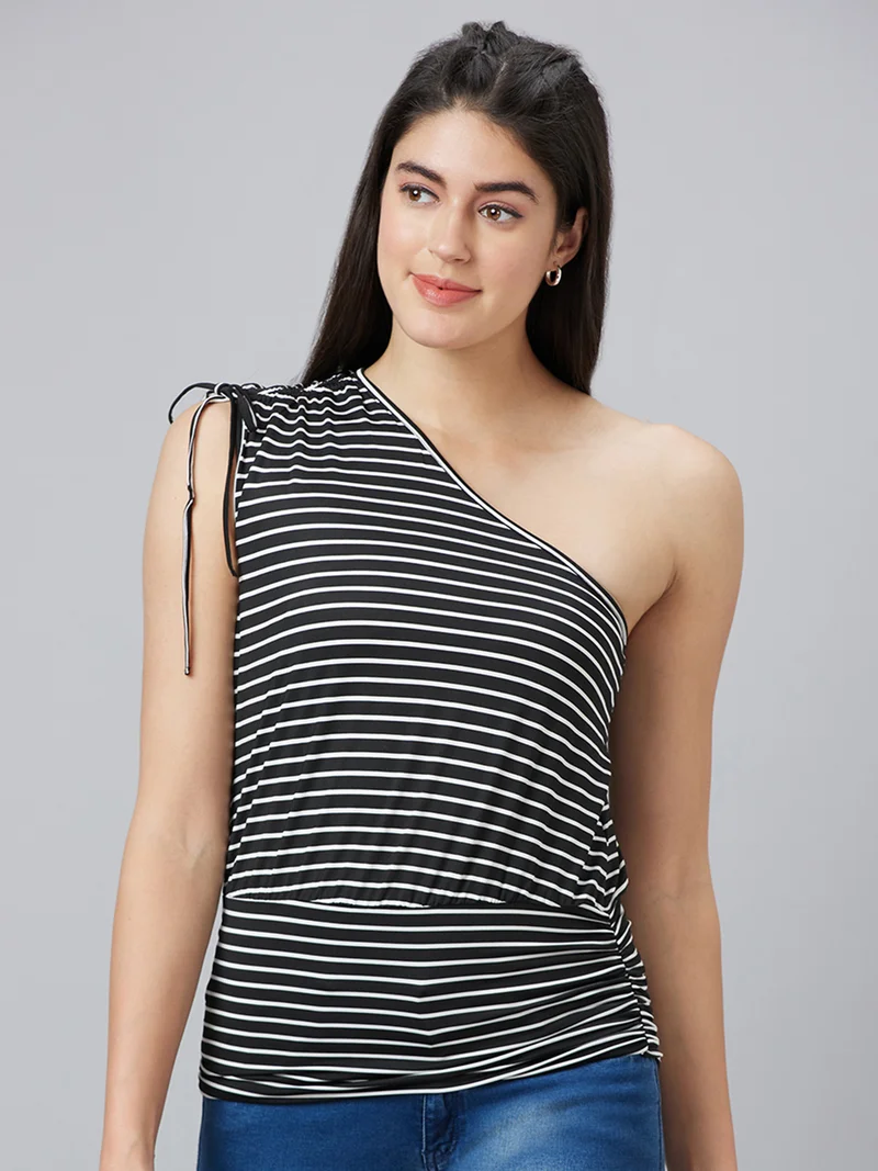Women Black Striped One Shoulder Top