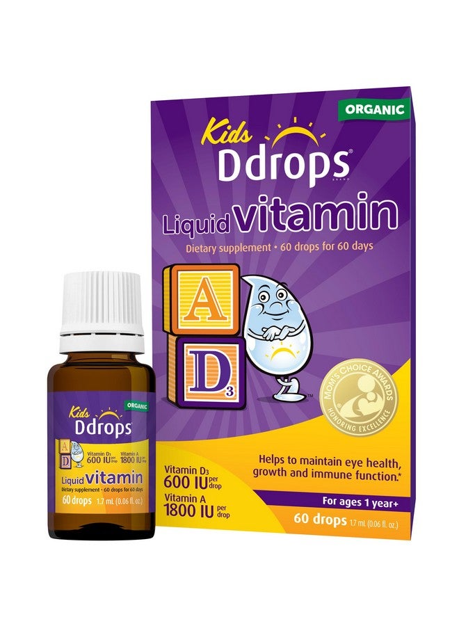 Ddrops® Kids Organic Liquid Vitamins - Daily Vitamins A&D Drops for Kids, 60 Drops. Supports Eye Health, Bone Development and Immune Function. Certified Organic, Non-GMOs, Allergy-Friendly - Image 1