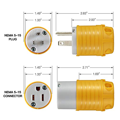 Miady Extension Cord Ends Male and Female, 15 Amp 125 Volt Heavy Duty Replacement Plug & Connector Set, Straight Blade Plugs Grounding Type/ETL Listed (5 Set) - Image 3