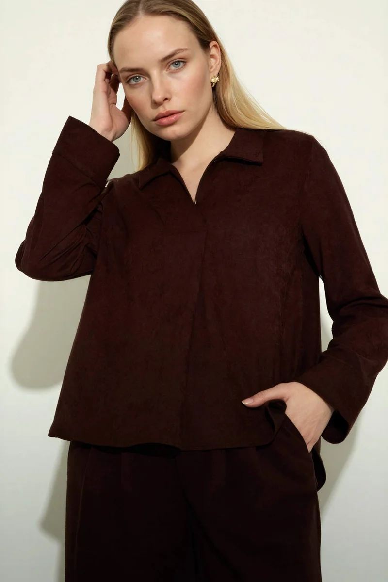 ديفاكتو Relax Fit Shirt Collar Suede Long Sleeve Blouse