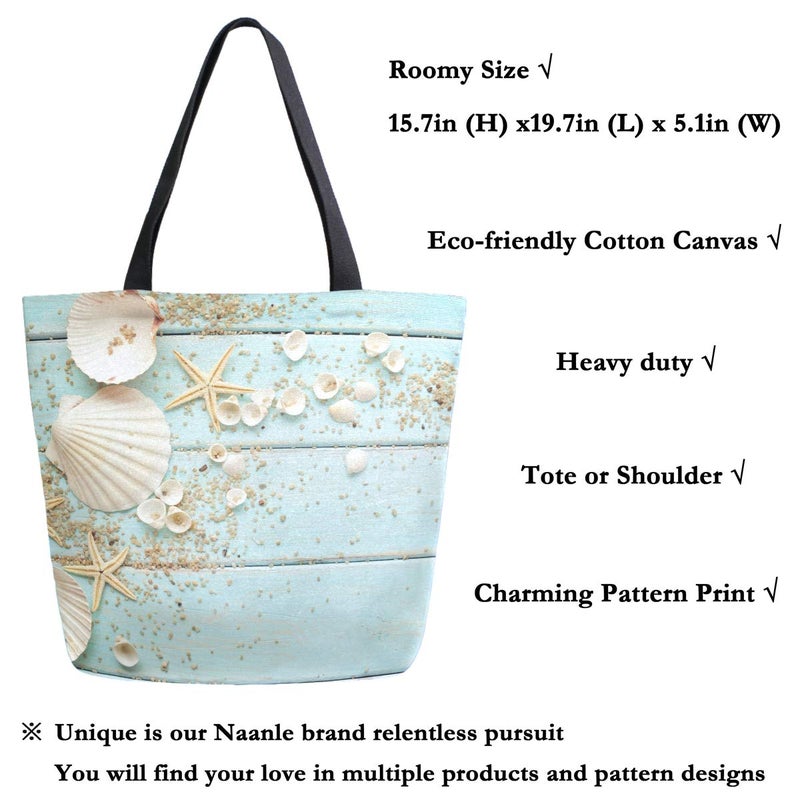 Naanle Ocean Canvas Tote Bag Large Women Casual Shoulder Bag Handbag  Wooden Seashell Reusable Multipurpose Heavy Duty Shopping Grocery Cotton Bag for Outdoors. - Image 3