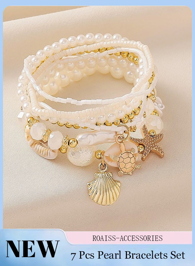 roaiss 7 Pcs Bohemian Style Beaded Bracelet, Shell Summer Beach Bracelet, Starfish Pendant Bracelet, Stackable Gold Pearl Beaded Bracelet, Suitable for Women Festival and Daily Wear  - Image 1