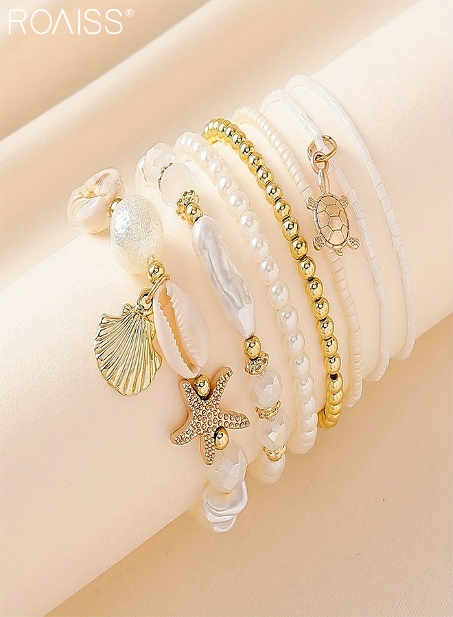 roaiss 7 Pcs Bohemian Style Beaded Bracelet, Shell Summer Beach Bracelet, Starfish Pendant Bracelet, Stackable Gold Pearl Beaded Bracelet, Suitable for Women Festival and Daily Wear  - Image 2