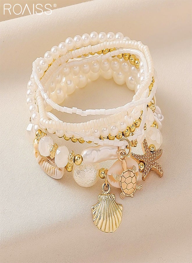 roaiss 7 Pcs Bohemian Style Beaded Bracelet, Shell Summer Beach Bracelet, Starfish Pendant Bracelet, Stackable Gold Pearl Beaded Bracelet, Suitable for Women Festival and Daily Wear  - Image 3
