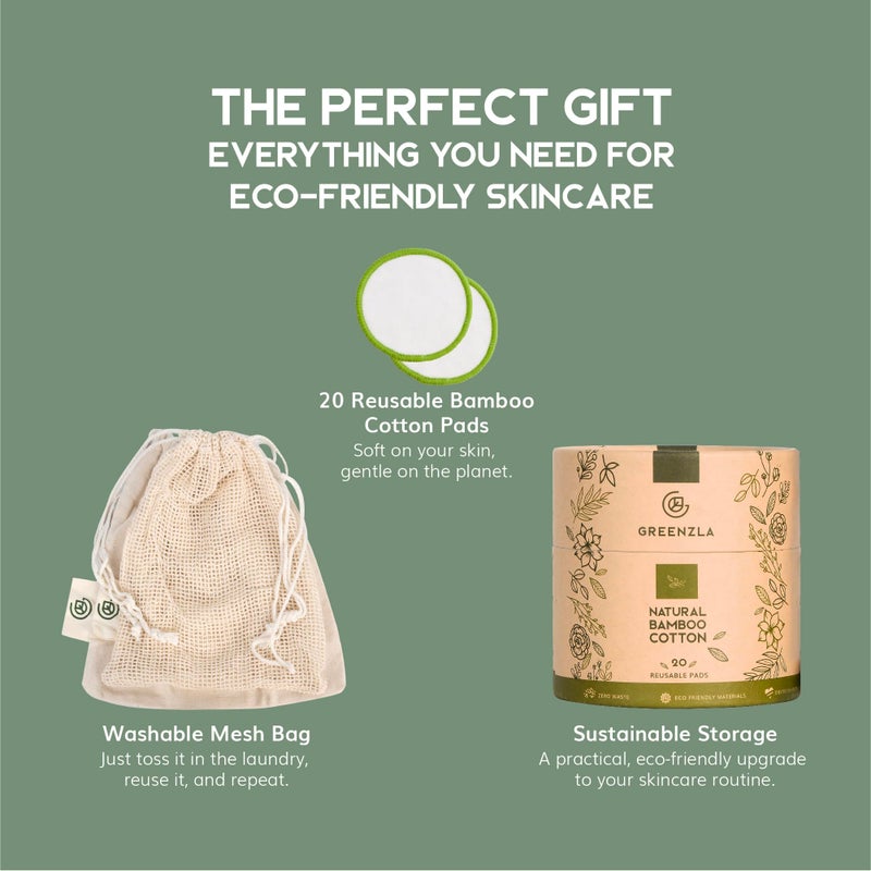 Greenzla Reusable Makeup Remover Pads, Washable Bamboo Cotton Rounds with Mesh Laundry Bag, Travel Pouch, Pad Holder - Reusable Cotton Rounds for All Skin Types - Perfect for Face Care, 20 Pack - Image 2