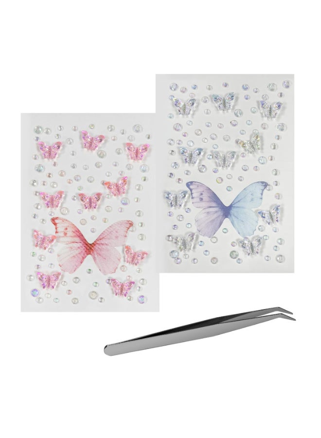 BOROLA Dazzling Color Butterfly Face Gems SelfAdhesive Rhinestone Stickers for Eyes Cheeks Body Nails Sparkly Crystal Makeup Jewels Includes Tweezers for Festival Rave Cosplay Party 2Pack - Image 2