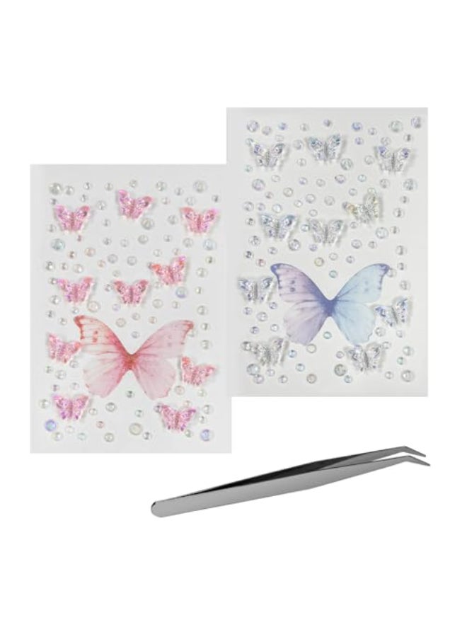 BOROLA Dazzling Color Butterfly Face Gems SelfAdhesive Rhinestone Stickers for Eyes Cheeks Body Nails Sparkly Crystal Makeup Jewels Includes Tweezers for Festival Rave Cosplay Party 2Pack - Image 1