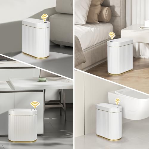 ELPHECO Bathroom Trash Can with Lid Butterfly, Motion Sensor Trash Can Bathroom Decor Automatic Garbage Can Wastebasket Bathroom Accessories, Kitchen, Living Room, Office, White Gold - Image 2