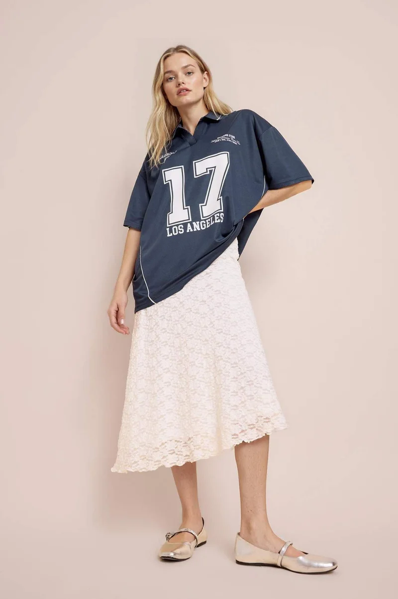 Defacto A Form Normal Waist Combed Cotton Lining Lace Midi Skirt
