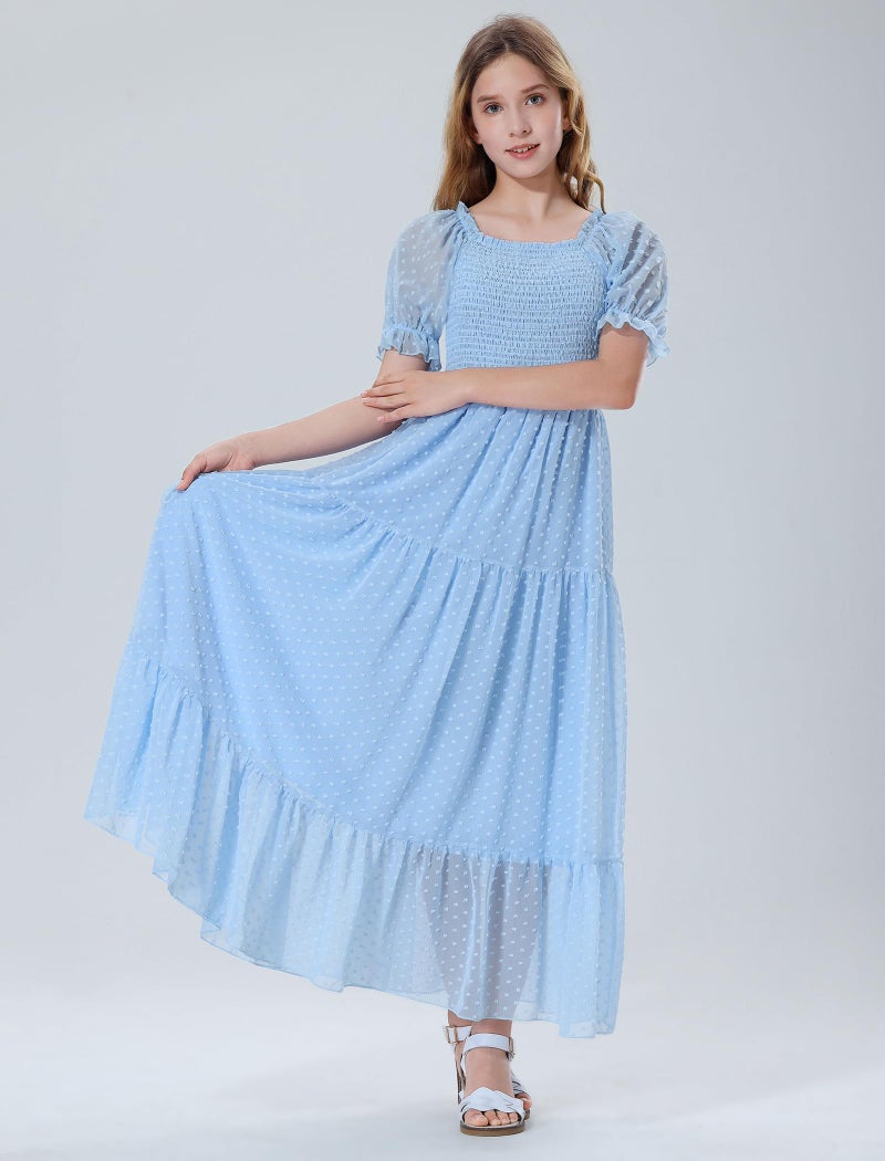 EXARUS Girls Maxi Long Dress Smocked A-Line Teen Dresses Pastel Solid Square Neck Short Puff Sleeve Swiss Dot Spring Easter Graduation Dance Confirmation Casual Party Light Blue 12Y - Image 4