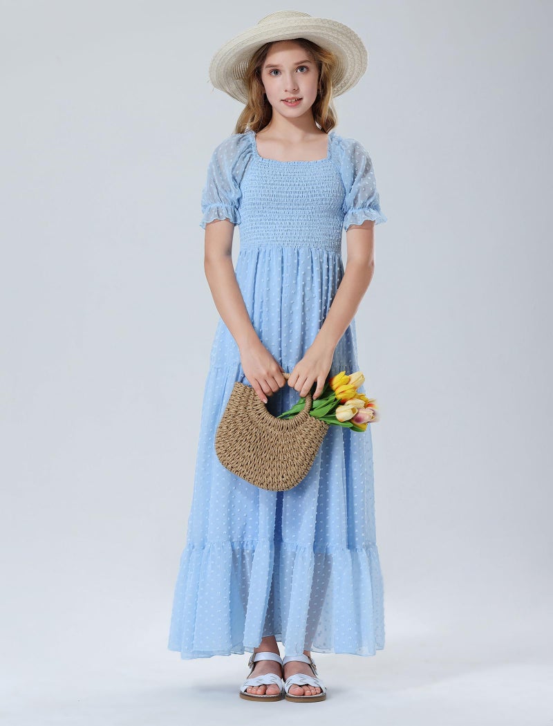 EXARUS Girls Maxi Long Dress Smocked A-Line Teen Dresses Pastel Solid Square Neck Short Puff Sleeve Swiss Dot Spring Easter Graduation Dance Confirmation Casual Party Light Blue 12Y - Image 5