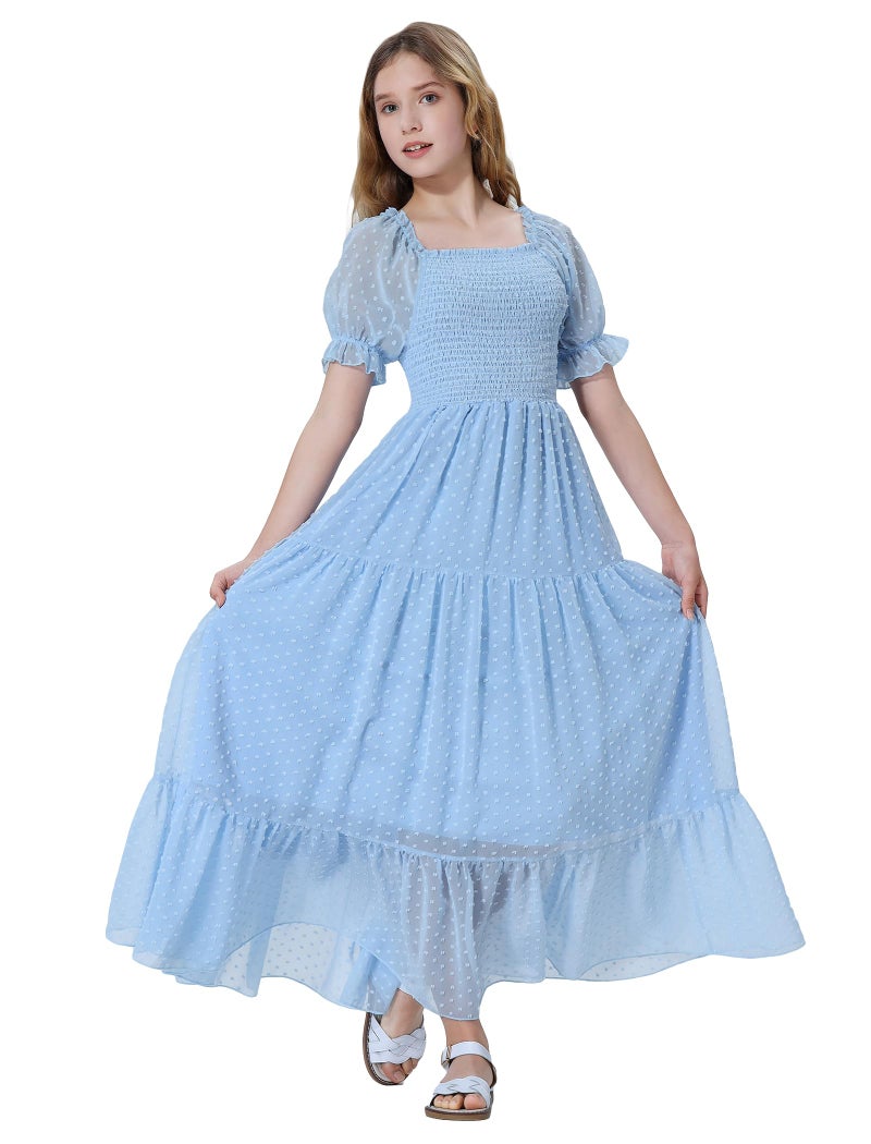 EXARUS Girls Maxi Long Dress Smocked A-Line Teen Dresses Pastel Solid Square Neck Short Puff Sleeve Swiss Dot Spring Easter Graduation Dance Confirmation Casual Party Light Blue 12Y - Image 1