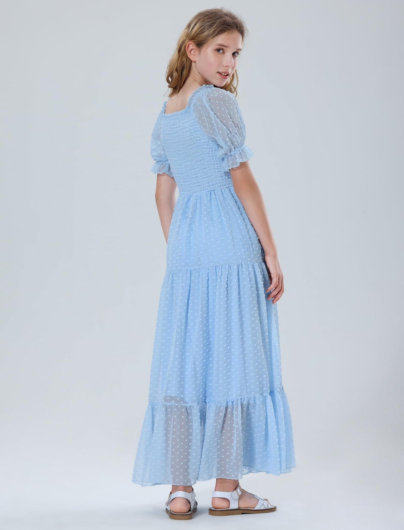 EXARUS Girls Maxi Long Dress Smocked A-Line Teen Dresses Pastel Solid Square Neck Short Puff Sleeve Swiss Dot Spring Easter Graduation Dance Confirmation Casual Party Light Blue 12Y - Image 3