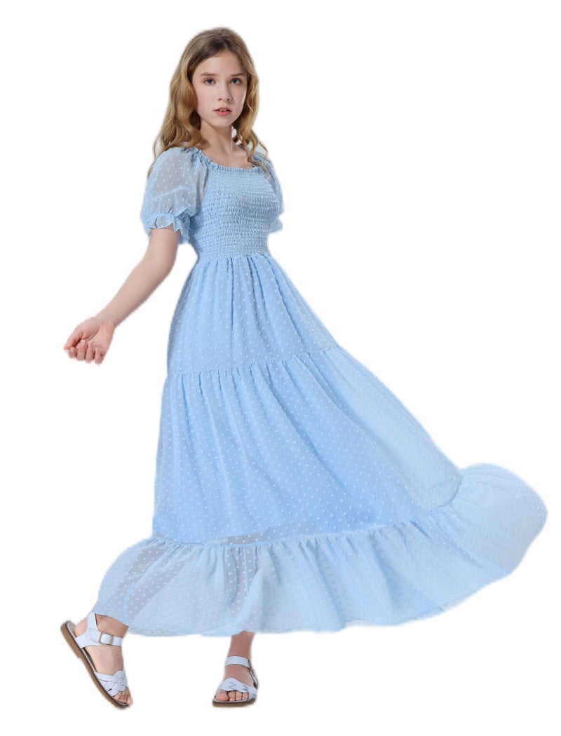 EXARUS Girls Maxi Long Dress Smocked A-Line Teen Dresses Pastel Solid Square Neck Short Puff Sleeve Swiss Dot Spring Easter Graduation Dance Confirmation Casual Party Light Blue 12Y - Image 2
