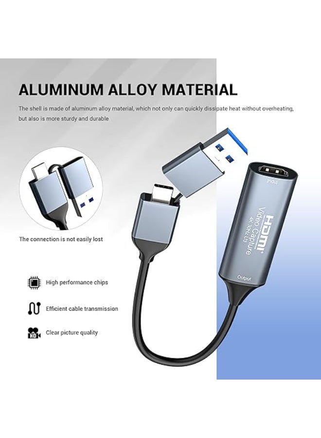 Video Capture Card 4K 1080P HDMI to USB-C with Type-C Adapter – Audio & Video Capture for Windows, macOS, Android – Game Live Streaming & Video Recording (Gray) - Image 3